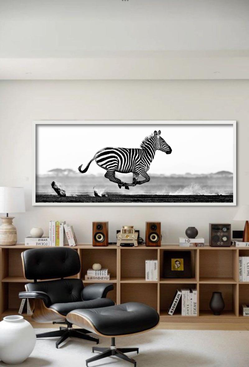 Vol dans le désert - course de zèbres, vue panoramique, photographie d'art, 2014 - Photograph de David Yarrow
