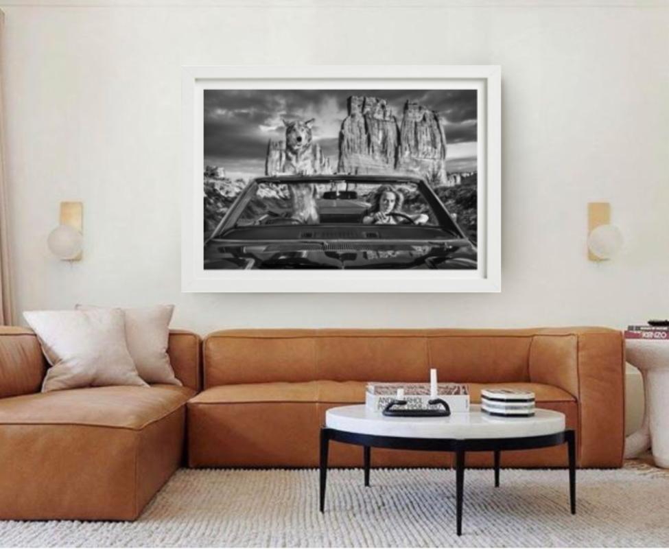 Guida con Cara Delevingne: un lupo e la top model seduti in auto - Photograph di David Yarrow