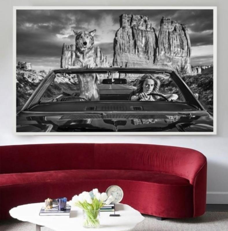 Guida con Cara Delevingne: un lupo e la top model seduti in auto - Black and White Photograph Nero di David Yarrow