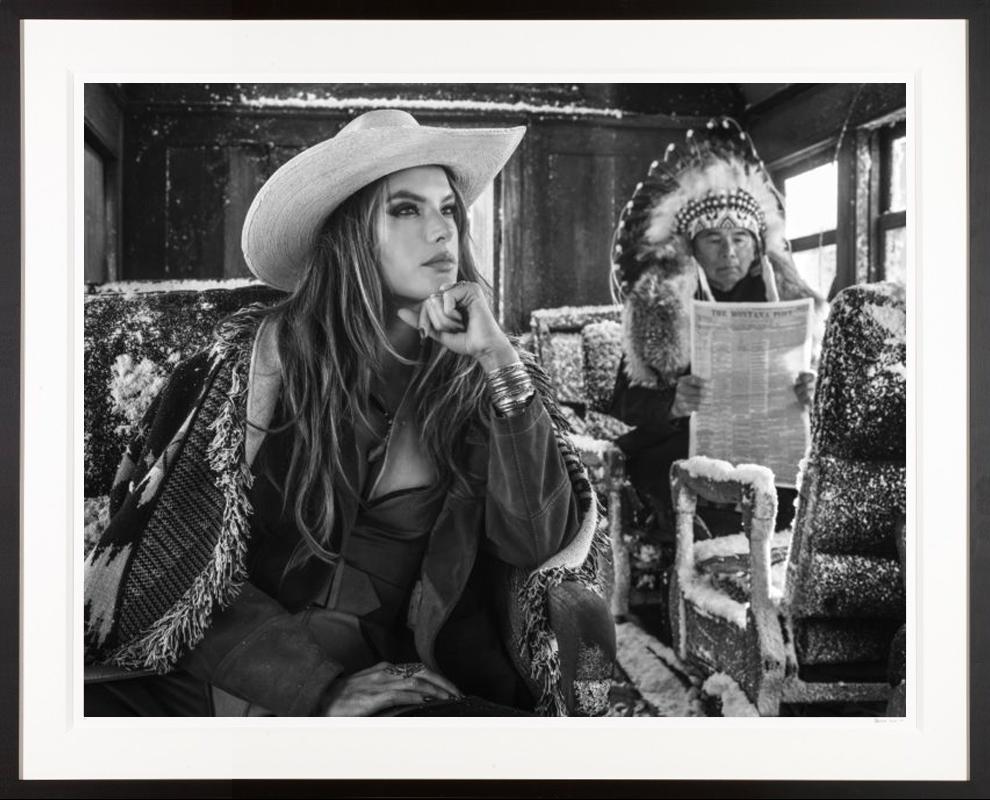 David Yarrow Black and White Photograph - My Baby Takes the Morning Train / Sexy Alessandra Ambrosio and Indian Wild West