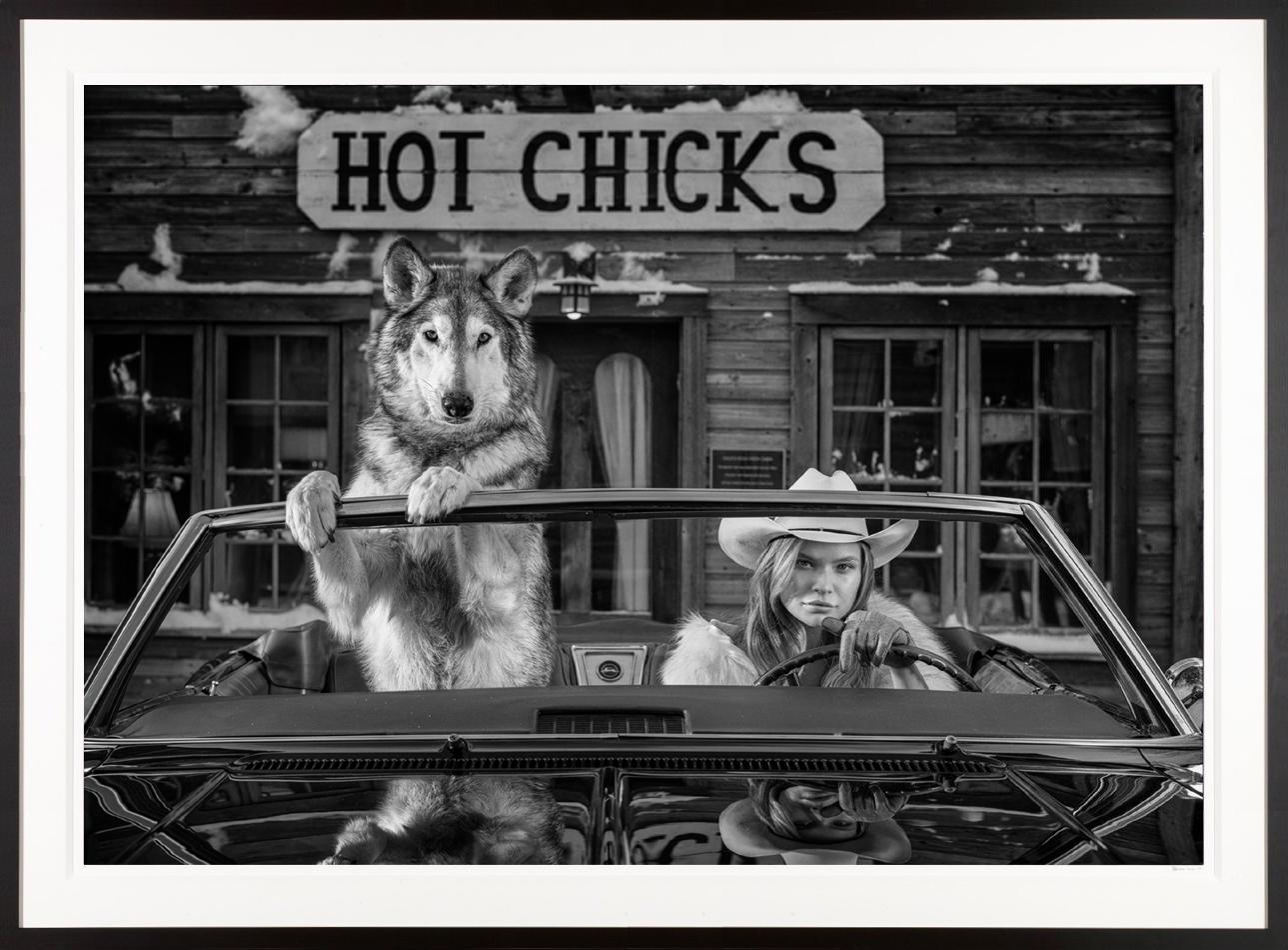Hot Chicks with Josie Canseco Black and White Photo with Wolf in Montana 