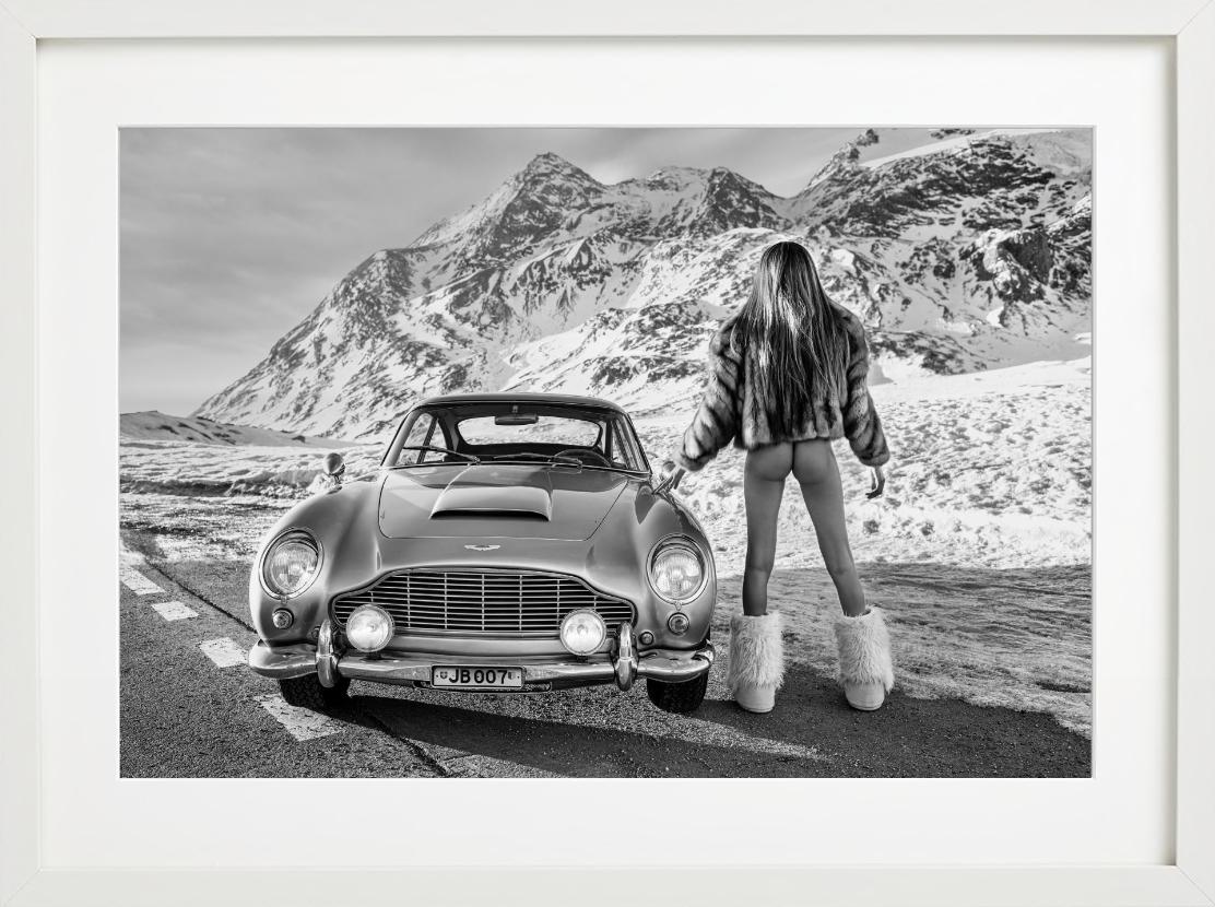 James? - nude in fur coat with James Bond car, fine art photography, 2023 For Sale 1