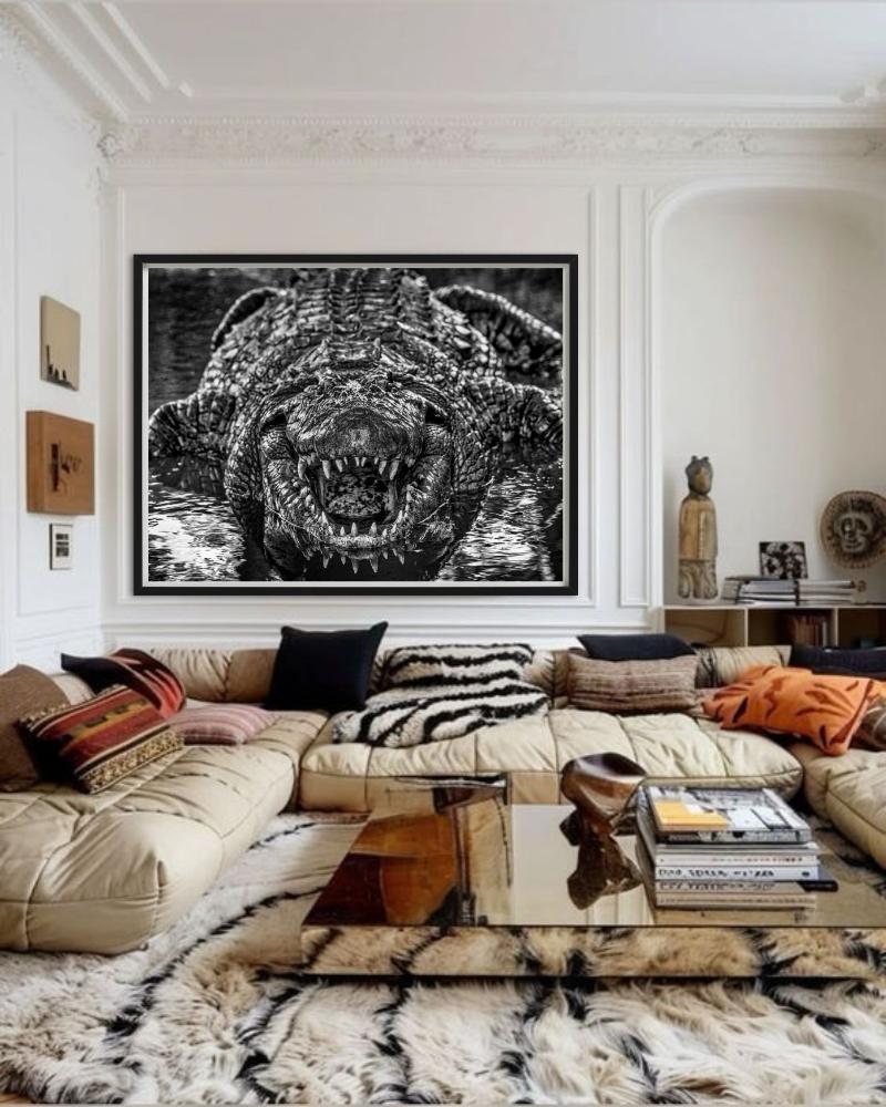 Jurassic Park – Nahaufnahme eines Krokodils, Kunstfotografie, 2024 (Zeitgenössisch), Photograph, von David Yarrow