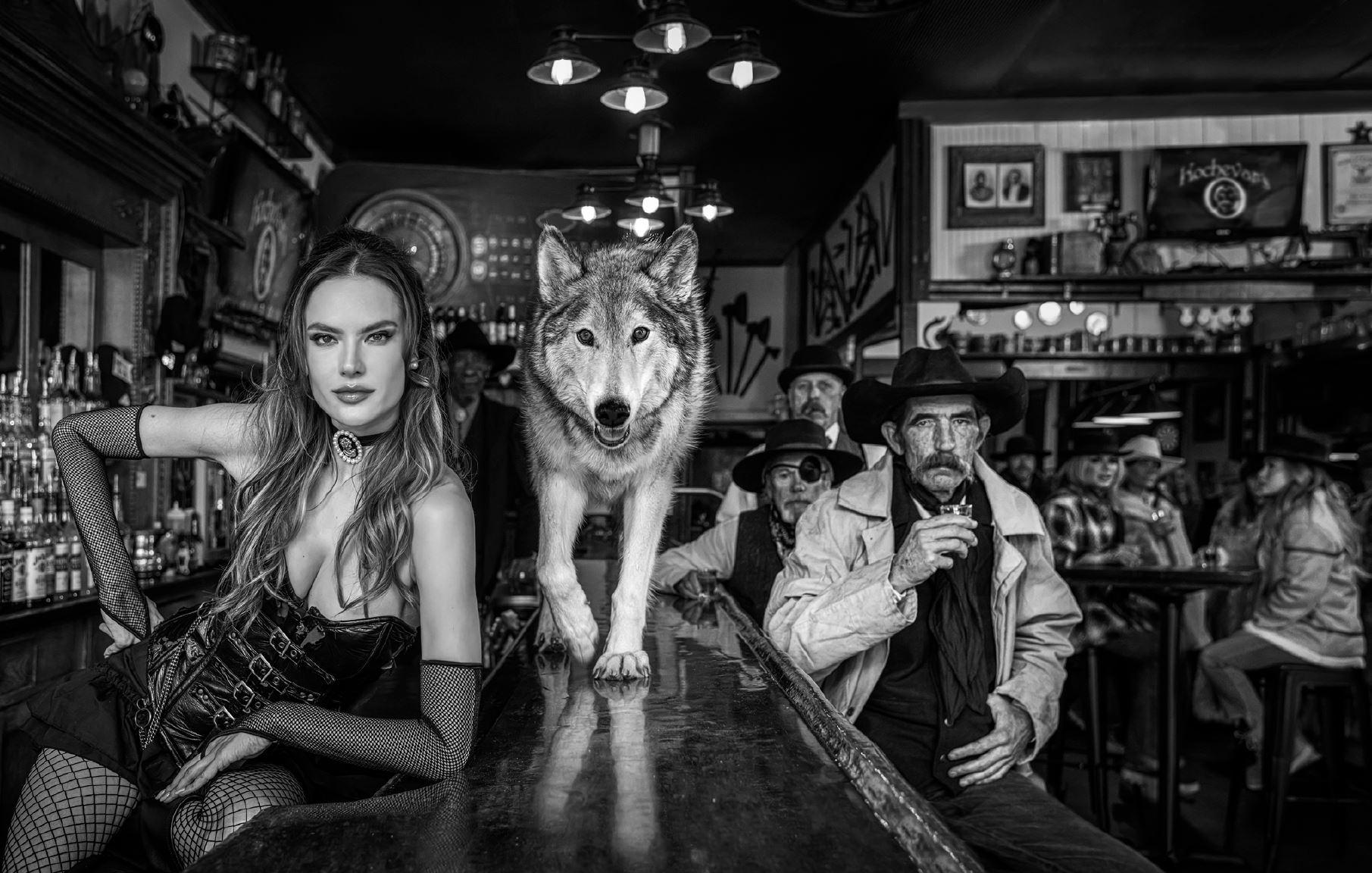 David Yarrow Black and White Photograph - Kochevars, Crested Butte - Model and Wolf in old Bar, fine art photography, 2024