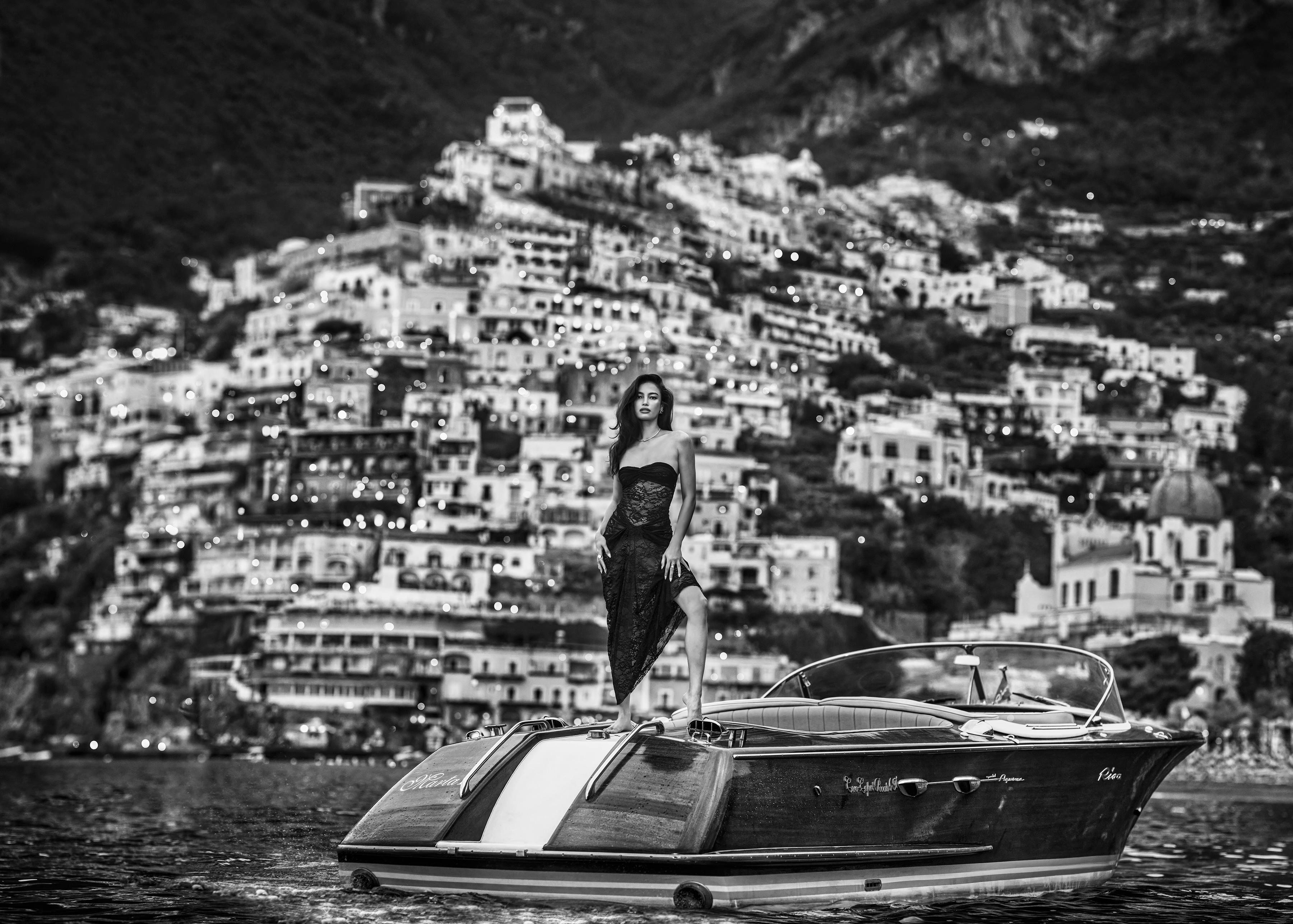 La Dolce Vita, Positano, Italy - Model on Motorboat, fine art photography, 2024