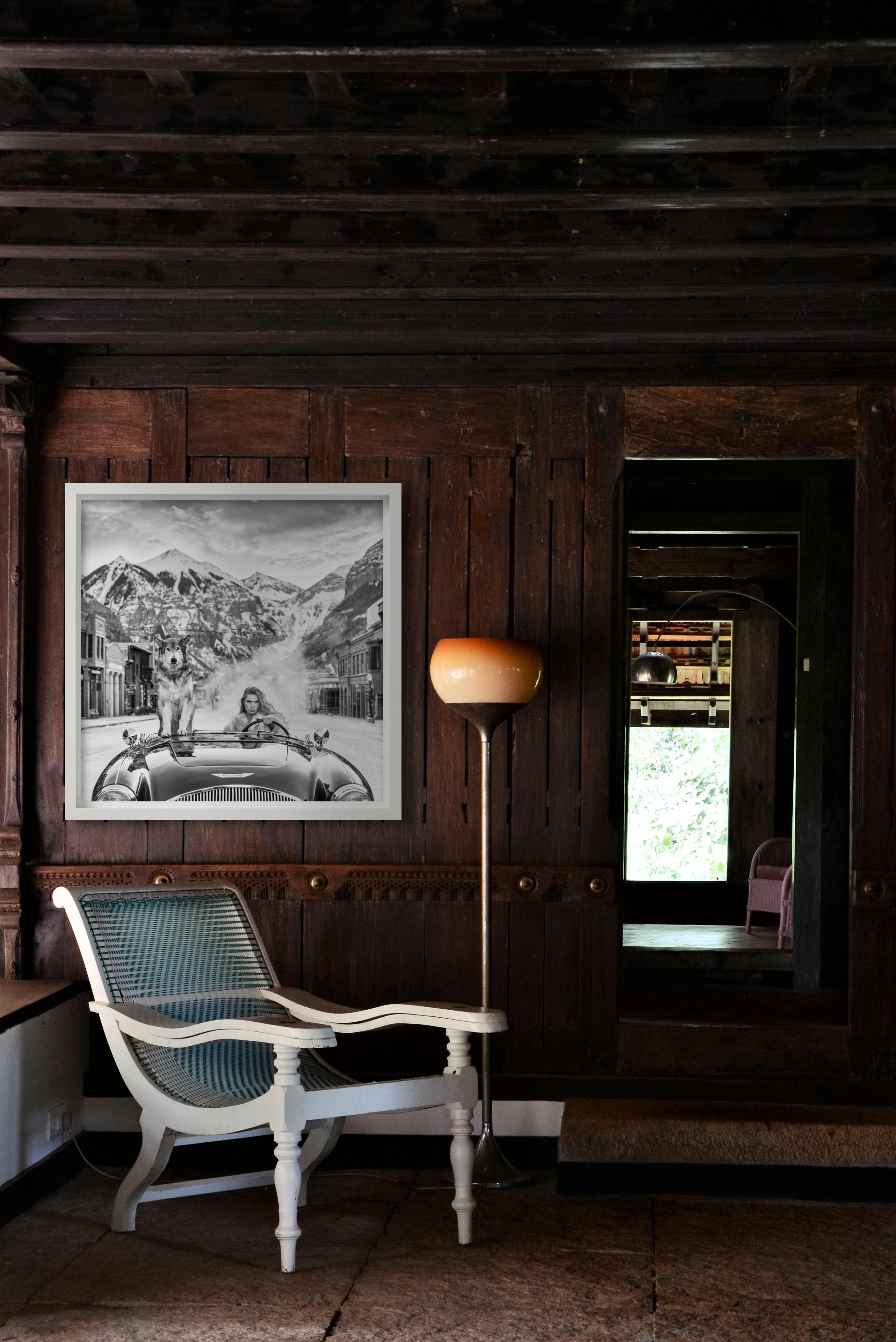 Last Christmas - Modell und Wolf in einem Aston Martin, Kunstfotografie, 2024 – Photograph von David Yarrow
