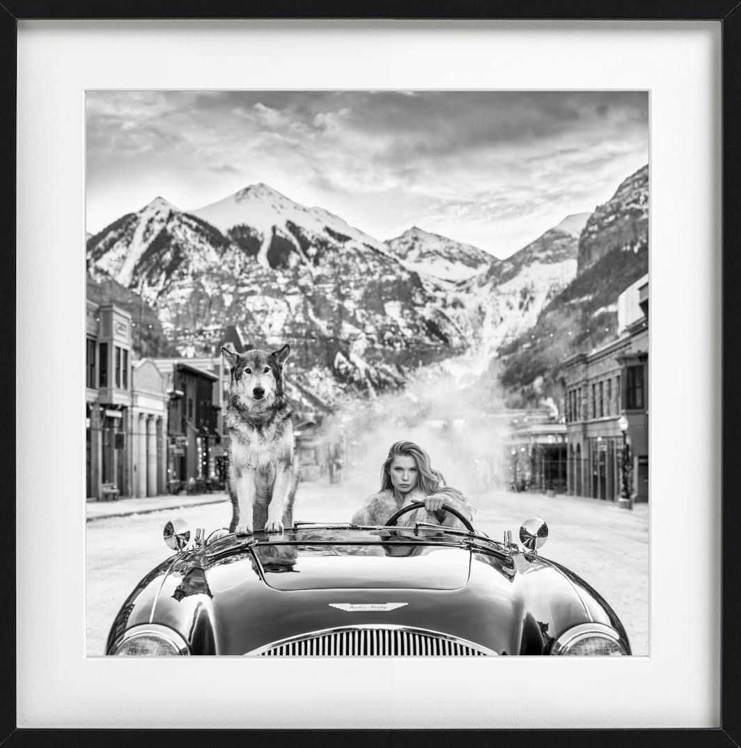 Schwarz-Weiß-Bild eines Oldtimer Aston Martin mit einer schönen Frau am Steuer und einem Wolf auf dem Beifahrersitz, fotografiert von David Yarrow im Jahr 2024.

Alle Drucke sind in limitierter Auflage erhältlich. Erhältlich in mehreren Größen.