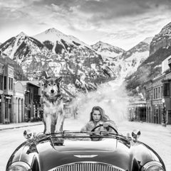 Last Christmas - Model and Wolf in an Aston Martin, Fine Art Photography, 2024