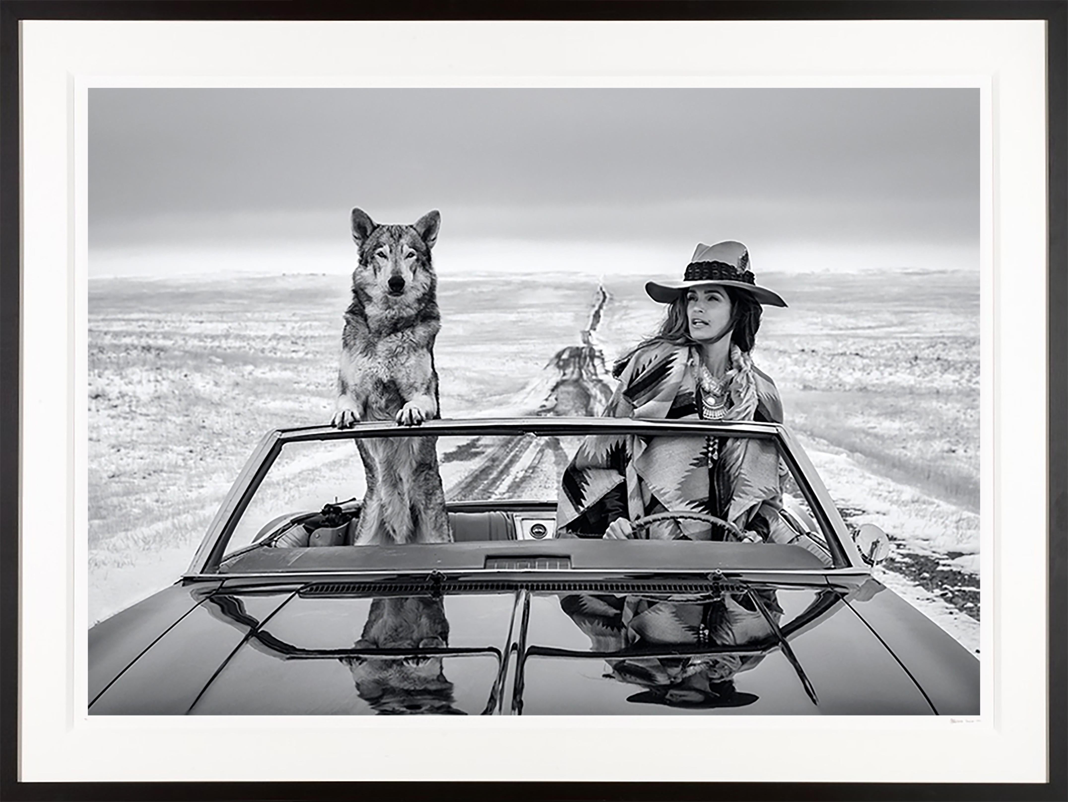 David Yarrow Nude Photograph - "On The Road Again" Sexy Badass Cindy Crawford in a Vintage Car with a Wolf