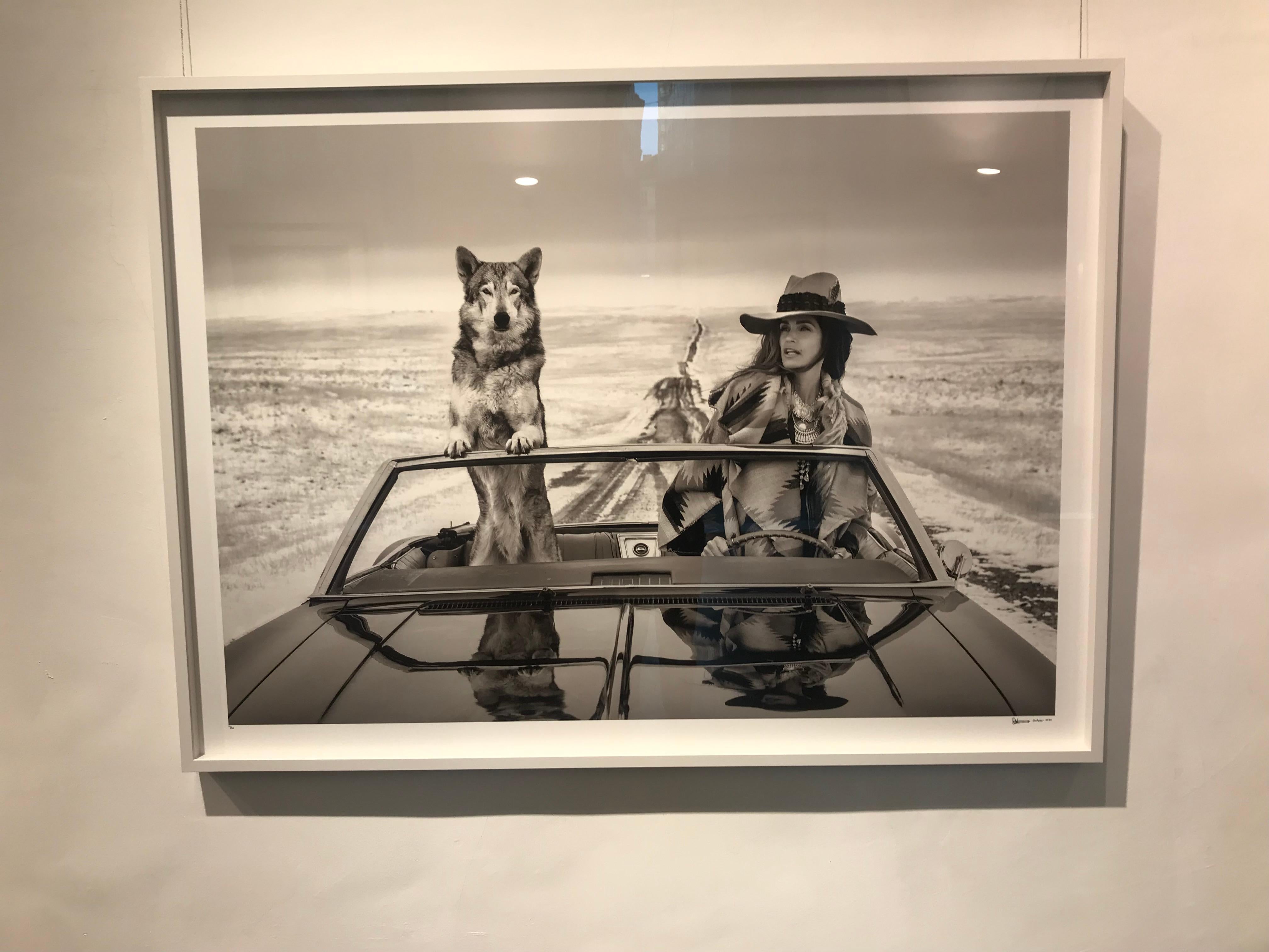 On the road again - the supermodel Cindy Crawford in a car with a wolf - Photograph by David Yarrow