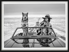 On the road again - the supermodel Cindy Crawford in a car with a wolf
