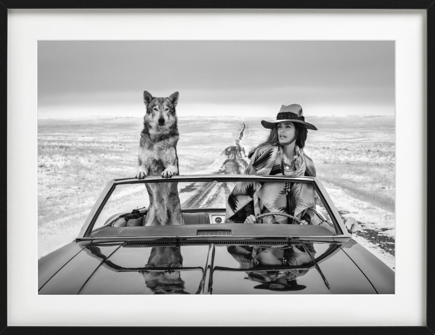 La top-modèle Cindy Crawford à nouveau sur la route - dans une voiture avec un loup - Contemporain Photograph par David Yarrow