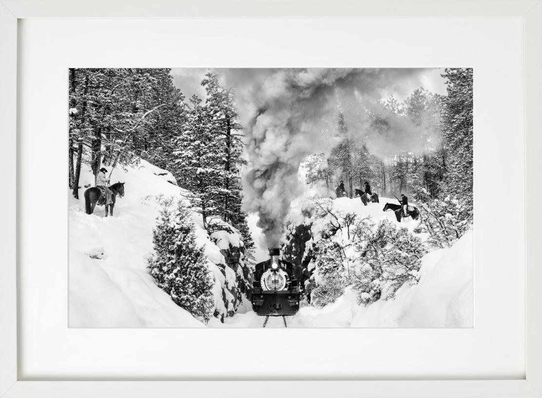 'Outlaws' - Cowboys ambushing historic train in snow, fine art photography, 2024 For Sale 1