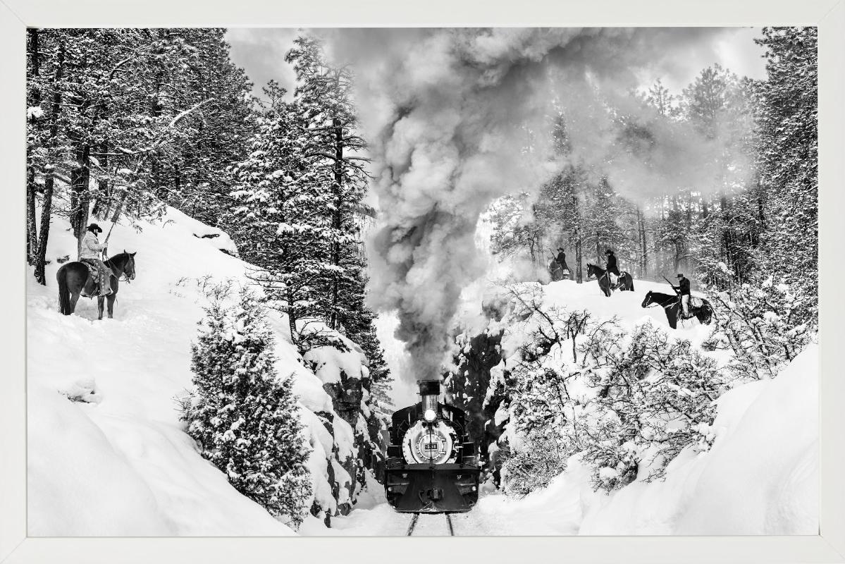 'Outlaws' - Cowboys ambushing historic train in snow, fine art photography, 2024 For Sale 2
