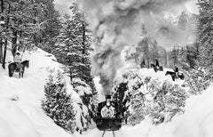 'Outlaws' - Cowboys ambushing historic train in snow, fine art photography, 2024