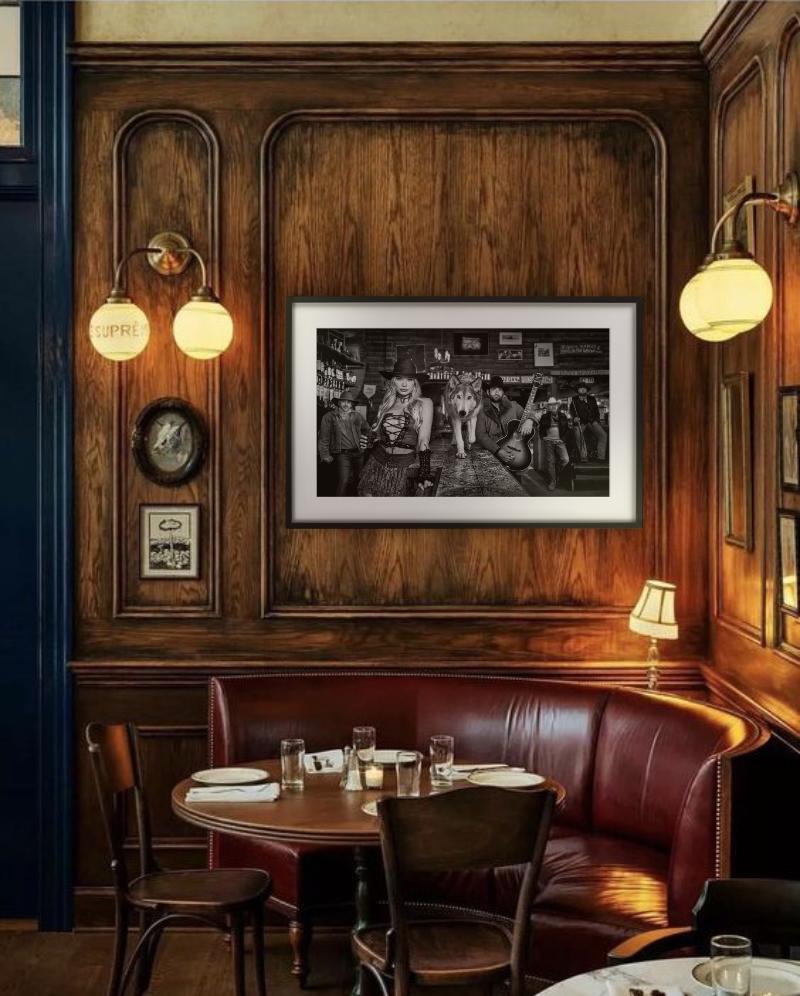 Pappy & Harriet's - Model and Wolf in old Bar, fine art photography, 2024 For Sale 1