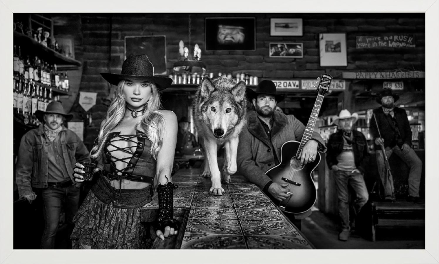 Pappy & Harriet's - Model and Wolf in old Bar, fine art photography, 2024 For Sale 2