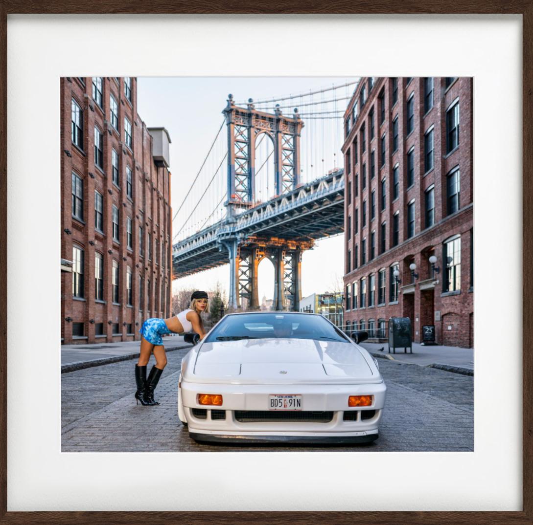 Pretty Woman - Supermodel Brooks Nader leaning against a car, Brooklyn New York - Photograph by David Yarrow