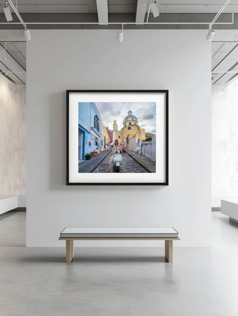The Girl On The Vespa - A Woman Riding Through Town, Fine Art Photography, 2025 - Gray Figurative Photograph by David Yarrow