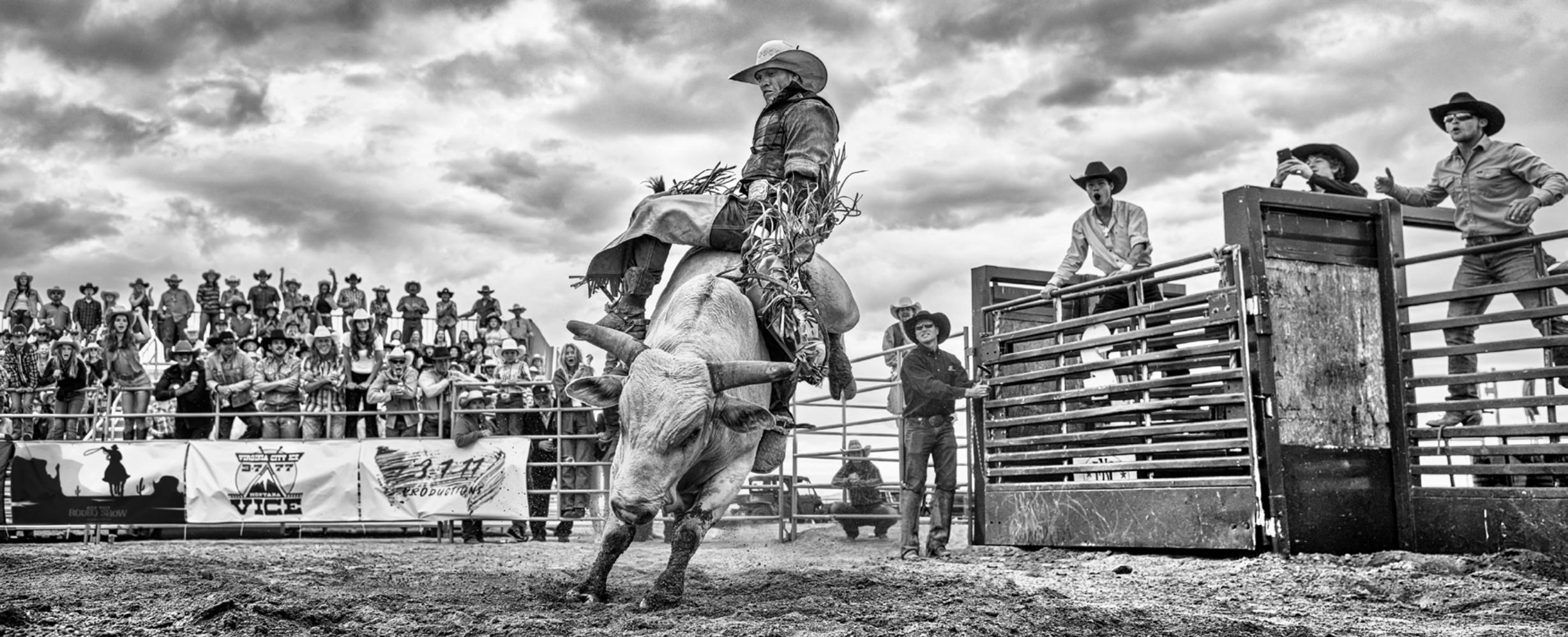 David Yarrow Figurative Photograph - 'Rodeo' - Cowboy on a Bull, fine art photography, 2023