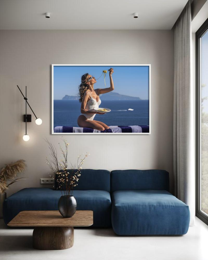 Summer Holiday - Woman Eating Spaghetti, Fine Art Photography, 2025 For Sale 7