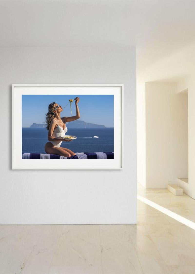 Summer Holiday - Woman Eating Spaghetti, Fine Art Photography, 2025 - Purple Figurative Photograph by David Yarrow