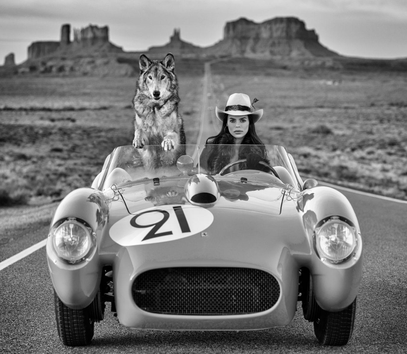 David Yarrow Black and White Photograph - 'Testarossa' - model and wolf in a ferrari, fine art photography, 2023