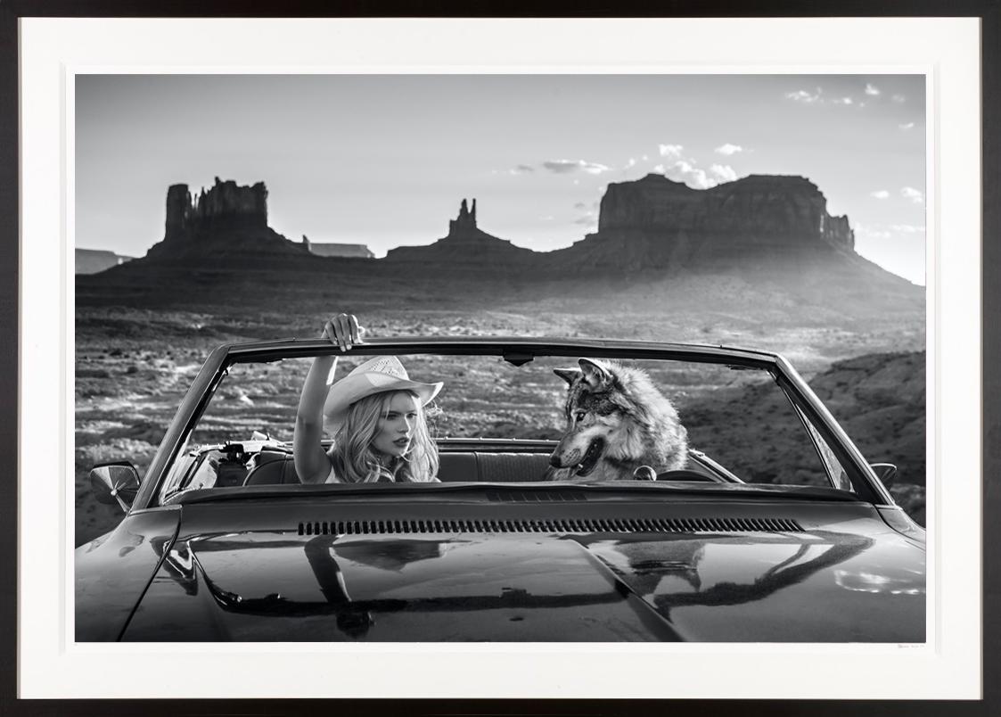 David Yarrow Black and White Photograph - The Break Up / Josie Canseco and Wolf in a Vintage Car, Monument Vally Utah 