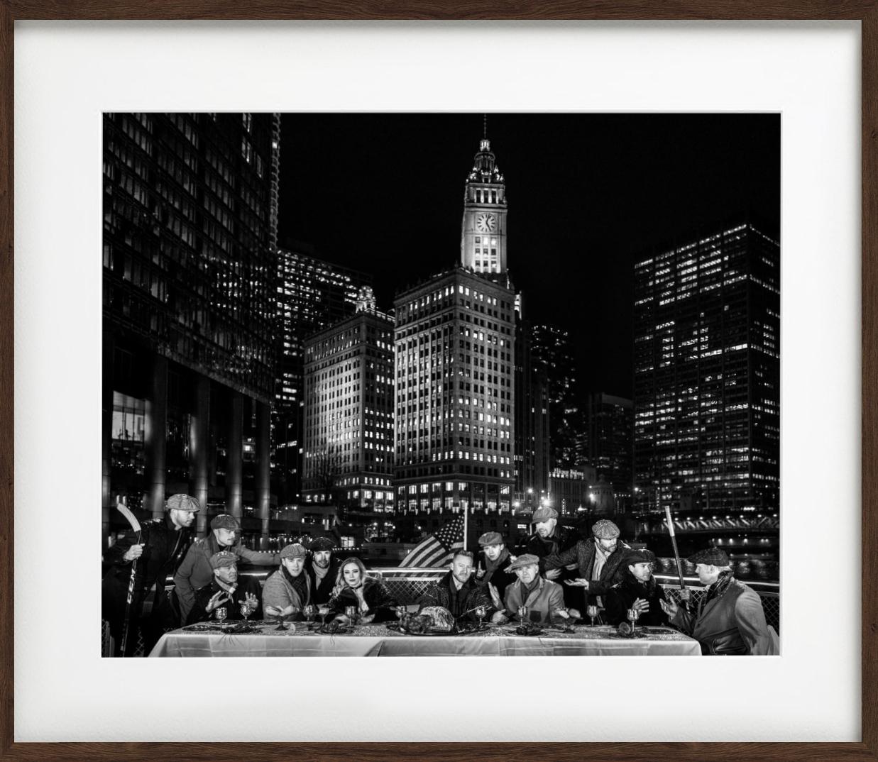 The Last Supper in Chicago - Chicago skyline and Blackhawks players sitting down - Photograph by David Yarrow