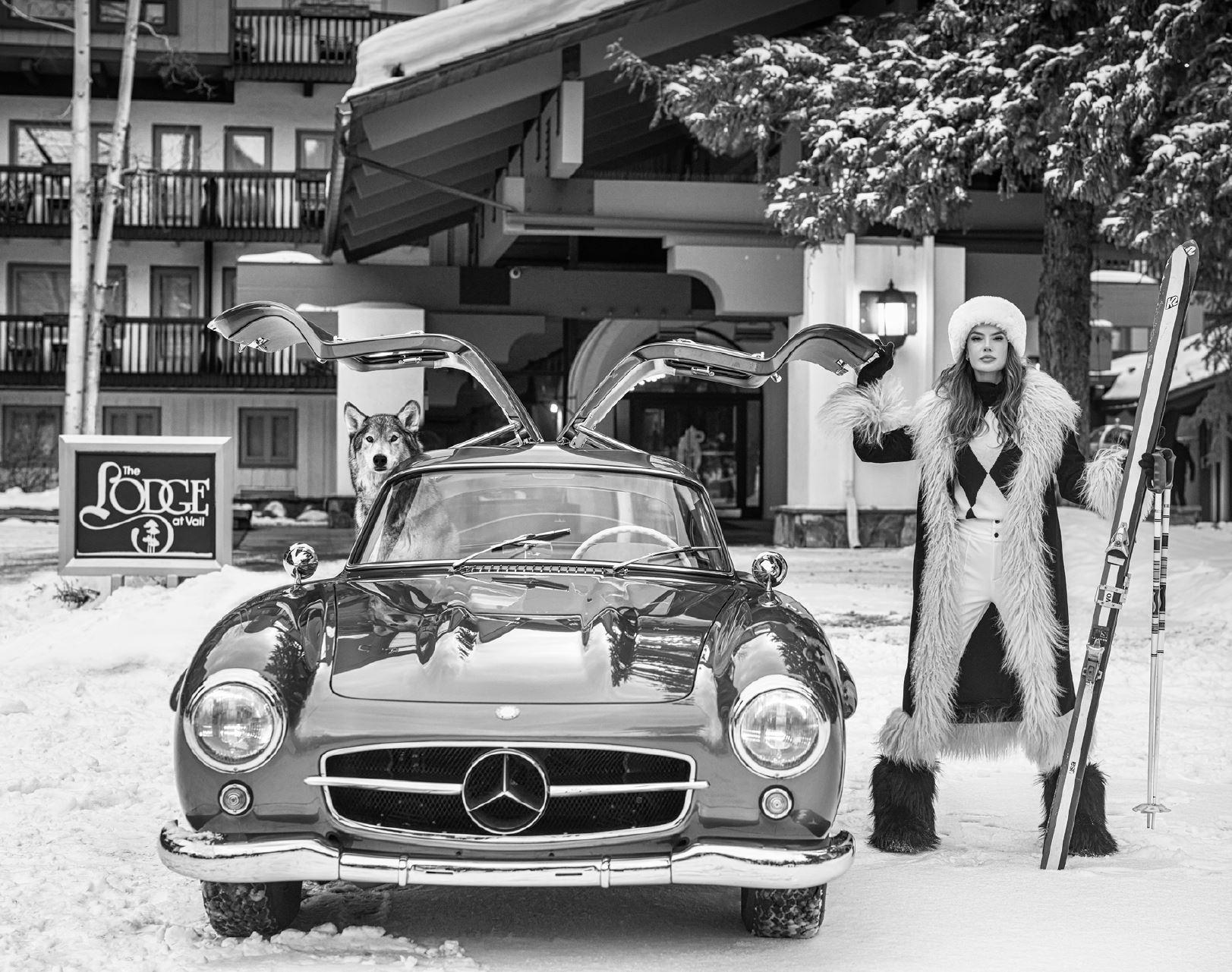 David Yarrow Figurative Photograph - The Lodge at Vail - Model and vintage Mercedes, fine art photography, 2024