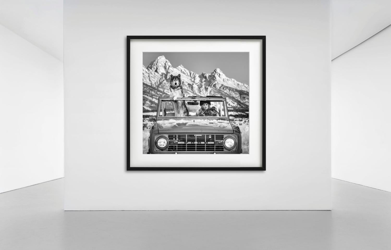 The Tetons – Modell und Wolf in einem Auto, Kunstfotografie, 2025 (Zeitgenössisch), Photograph, von David Yarrow