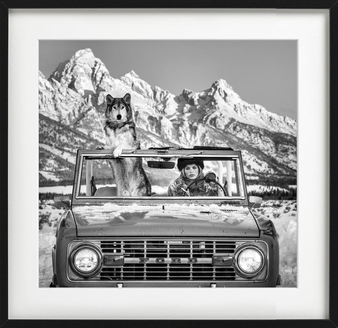 Die Tetons, eine Frau und ein Wolf in einem Auto, fotografiert von David Yarrow - auch in Farbe erhältlich.

Alle Drucke sind in limitierter Auflage erhältlich. Erhältlich in mehreren Größen. Hochwertige Einrahmung auf Anfrage.

Alle Drucke werden