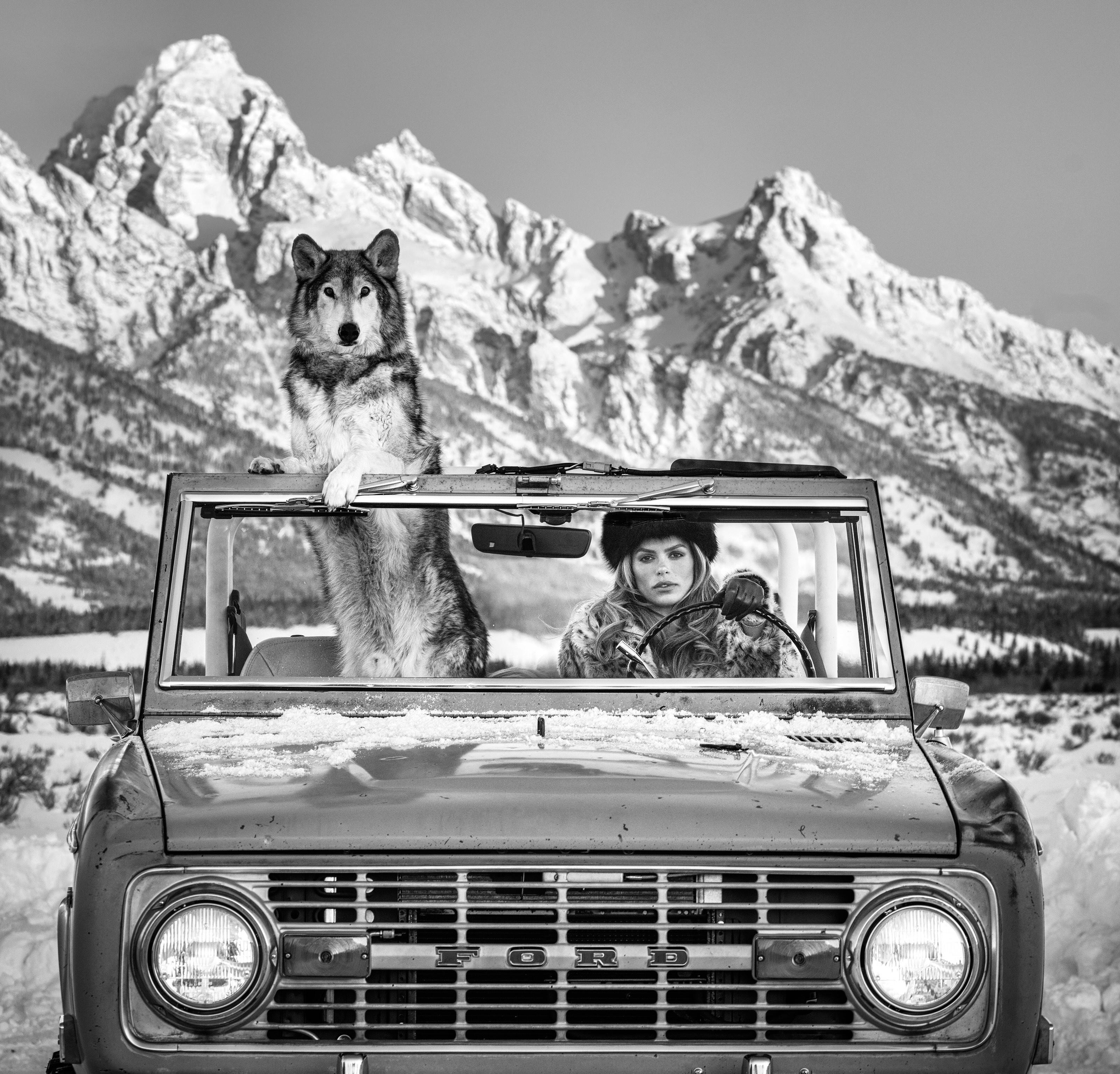 The Tetons - Model and Wolf in a Vintage Ford Car, Fine Art Photography, 2025
