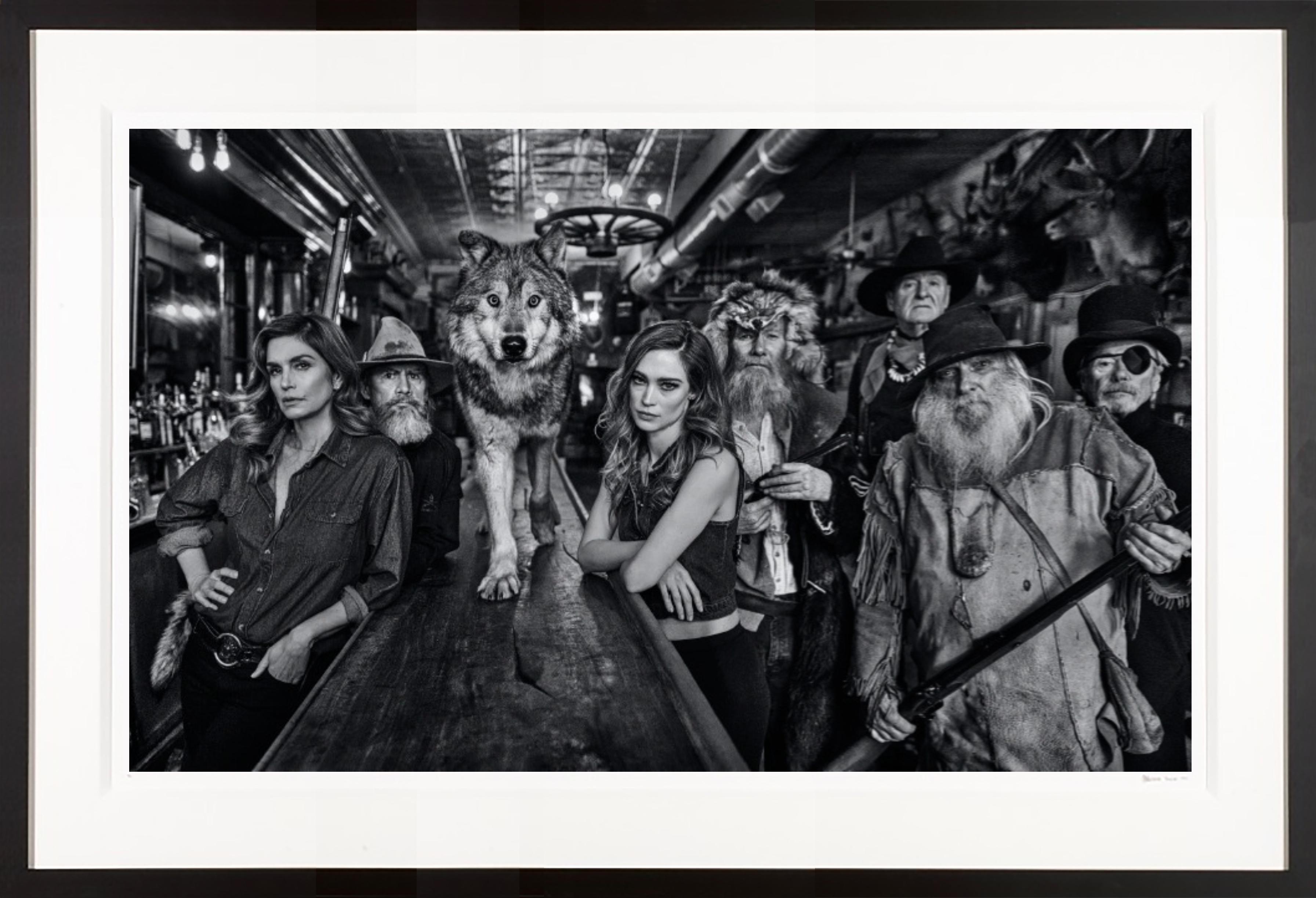 David Yarrow Nude Photograph - "The Unusual Suspects II" Sexy Cindy Crawford in Saloon with Wolf