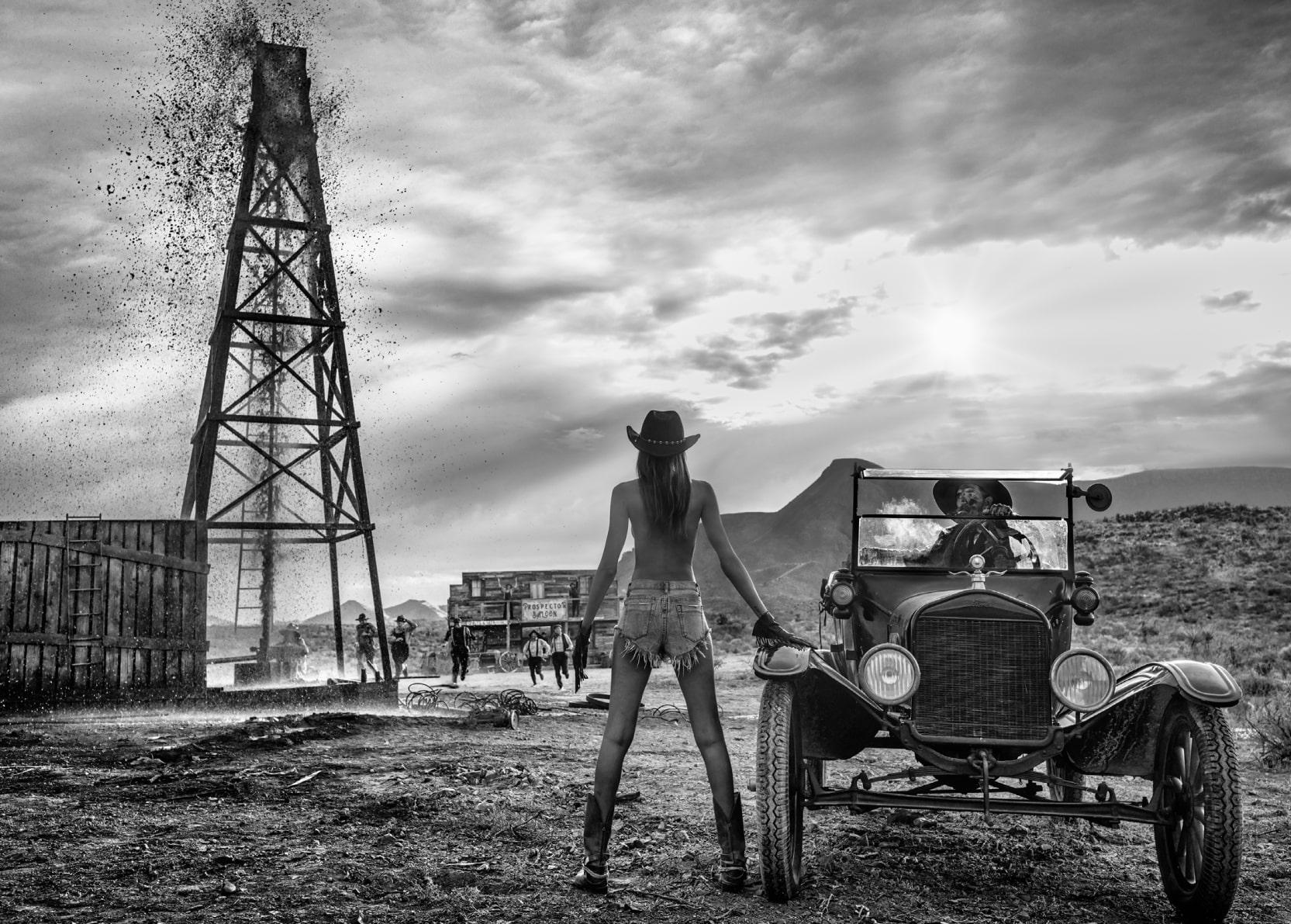 David Yarrow Black and White Photograph - 'There will be Oil' - topless Model and oldtimer Car, fine art photography, 2023