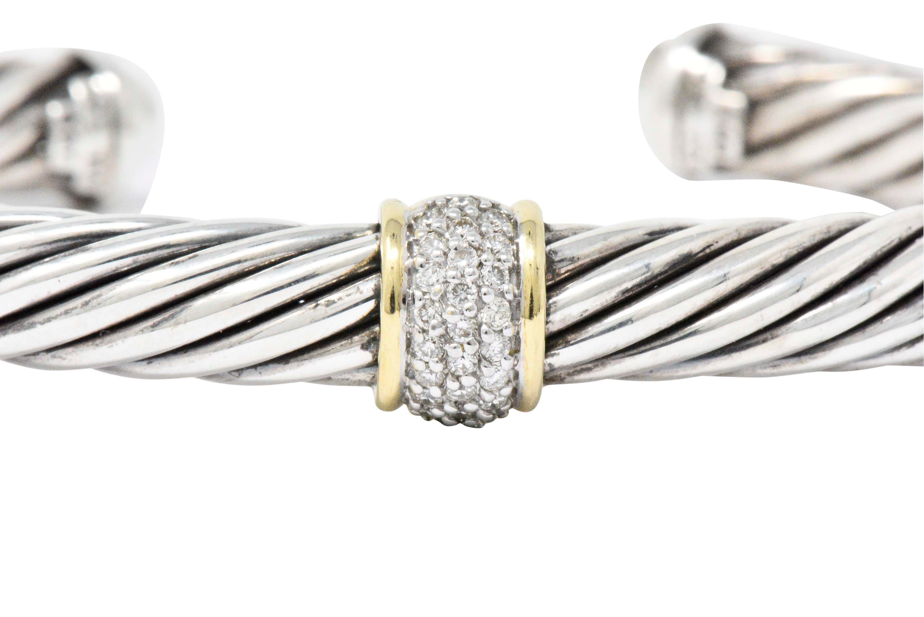 David Yurman 0.30 Carat 18 Karat Gold Diamond Sterling Silver Cable Bangle In Excellent Condition In Philadelphia, PA