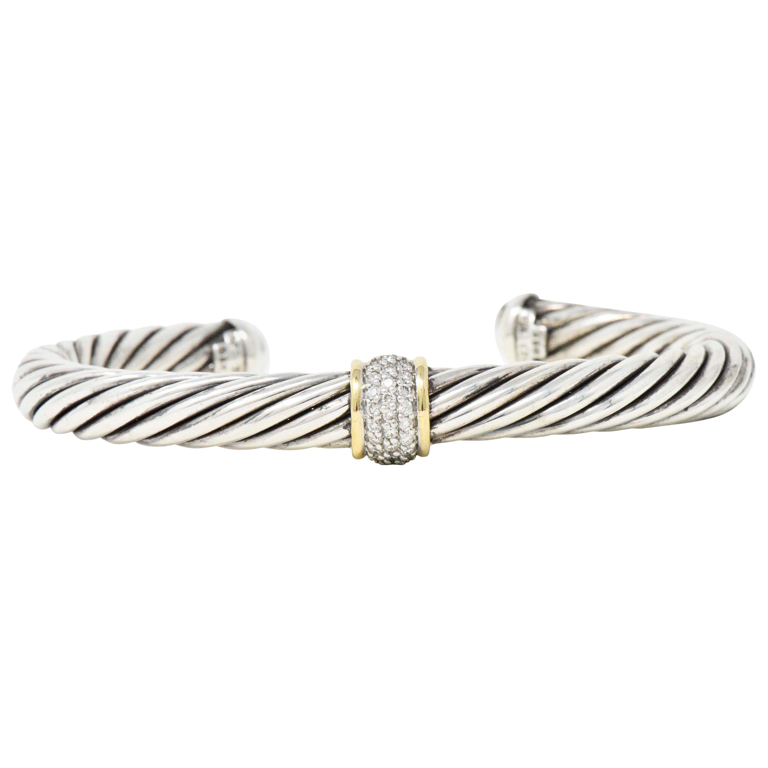 David Yurman 0.30 Carat 18 Karat Gold Diamond Sterling Silver Cable Bangle