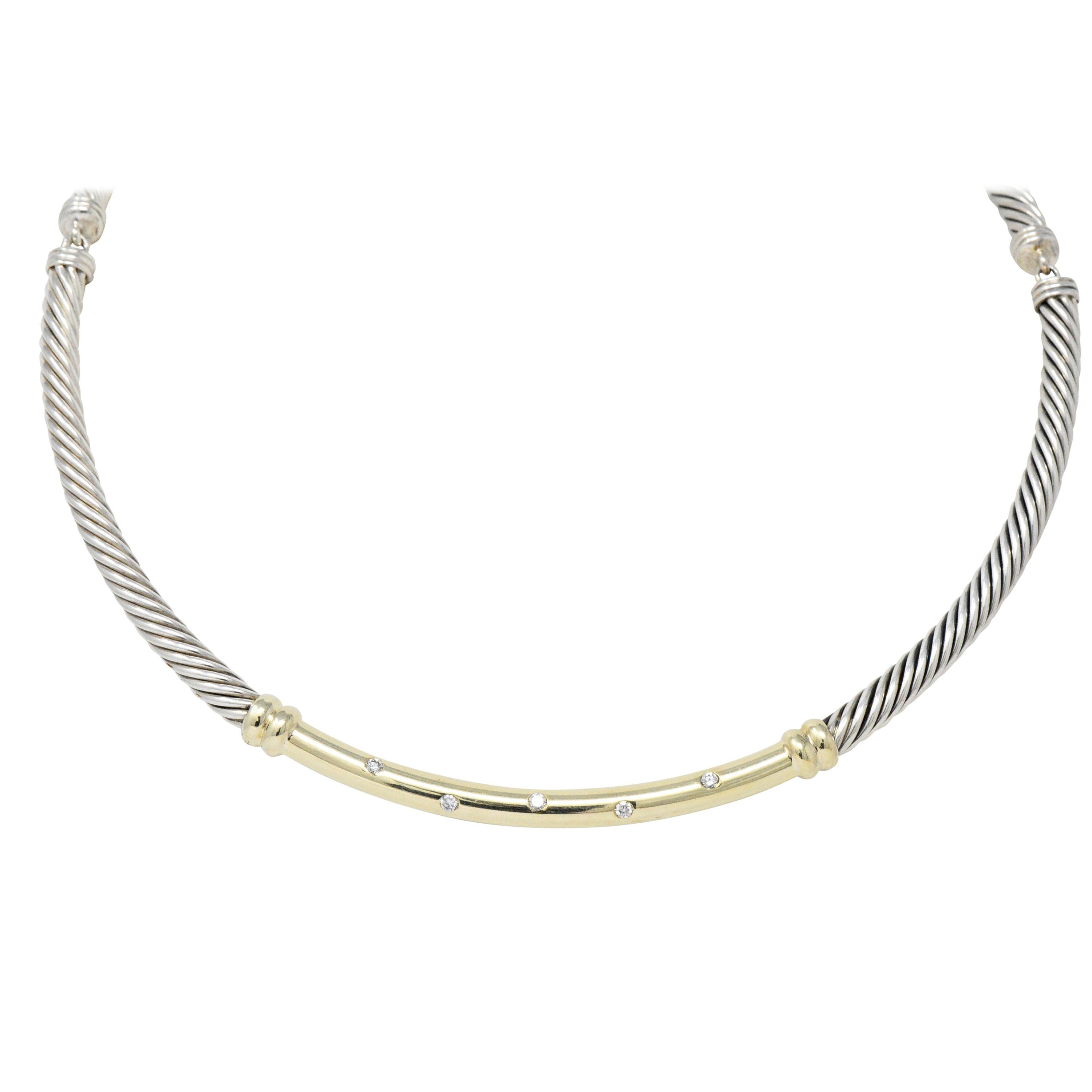 David Yurman Diamond Sterling Silver 14 Karat Gold Metro Cable Necklace