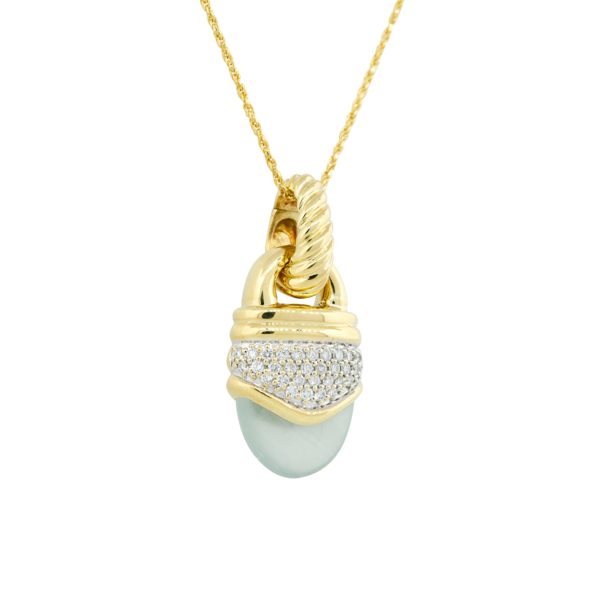 David Yurman 18k Yellow Gold 0.45ctw Pave Diamond & Chalcedony Pendant Necklace

Designer: David Yurman
Material: 18k Yellow Gold
Diamond Details: There are approximately 0.45 carats of Pave set, round brilliant cut diamonds. All diamonds are