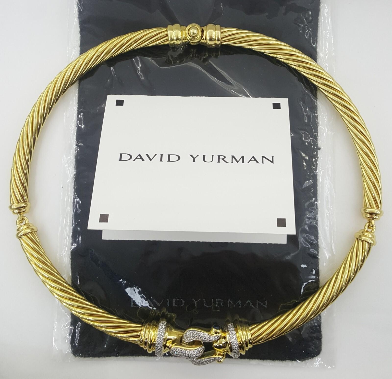 Contemporary David Yurman 0.75 ct 18K Gold Buckle Cable Choker Diamond Necklace 70 Grams For Sale