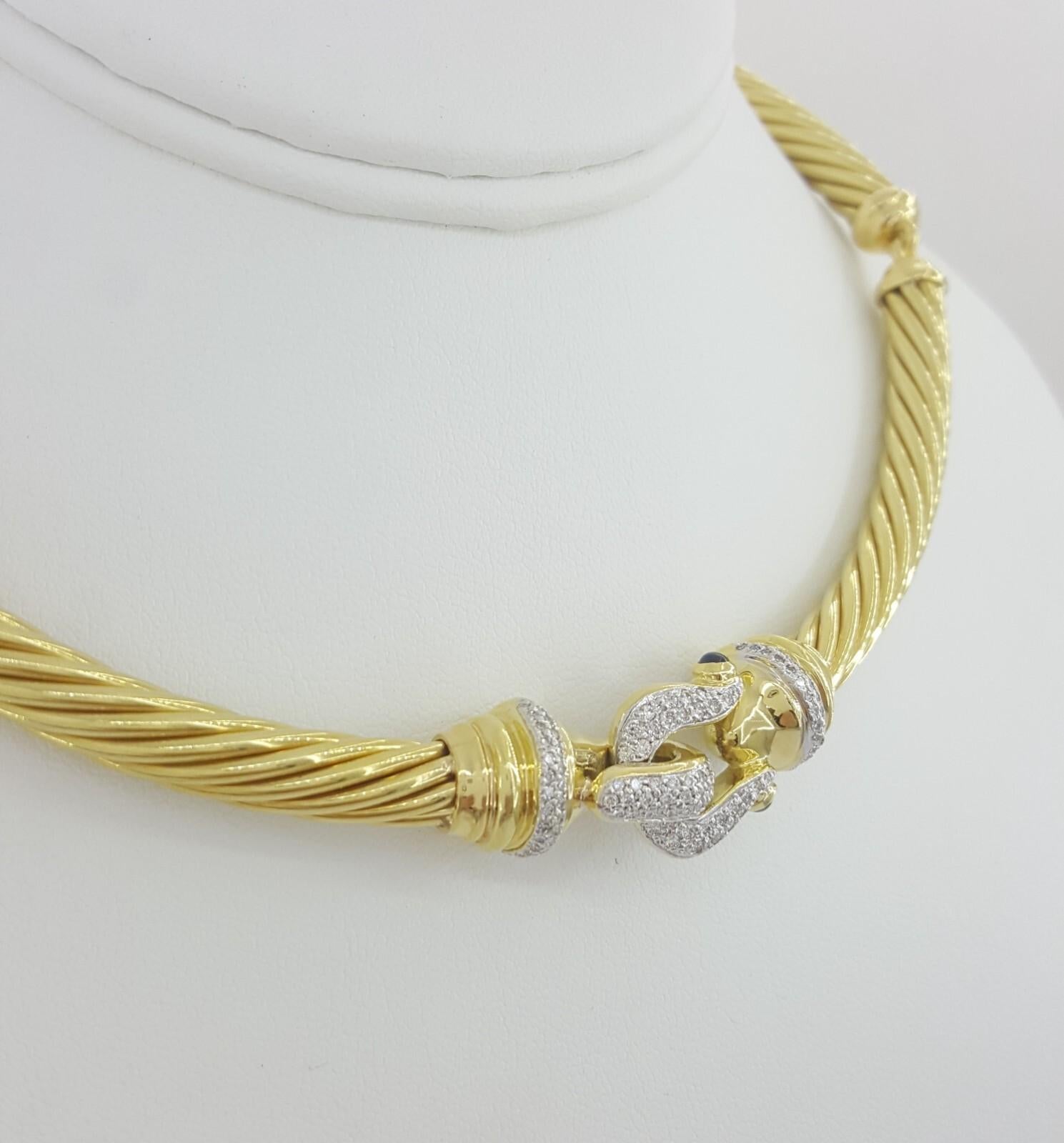 Round Cut David Yurman 0.75 ct 18K Gold Buckle Cable Choker Diamond Necklace 70 Grams For Sale
