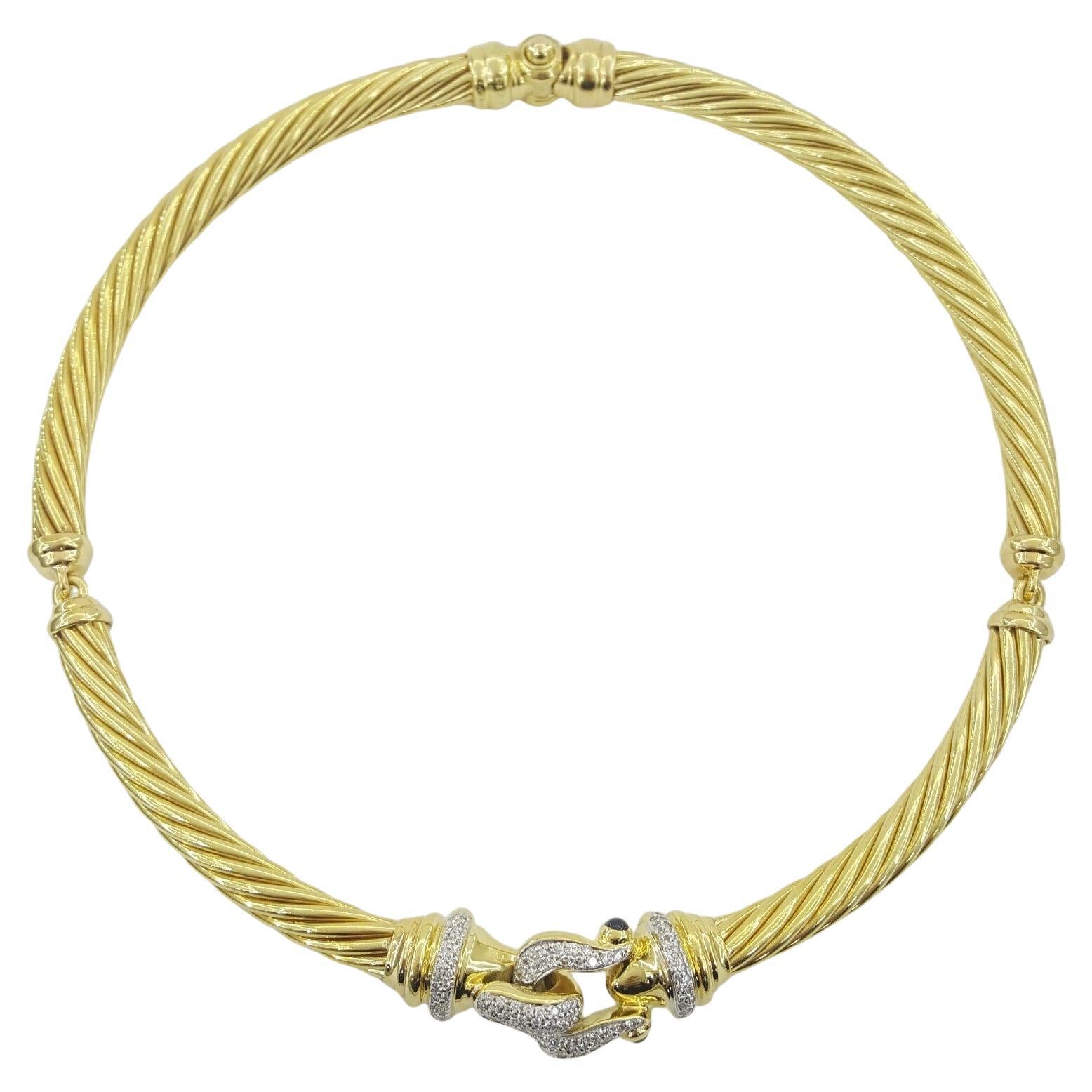 David Yurman 0.75 ct 18K Gold Buckle Cable Choker Diamond Necklace 70 Grams For Sale