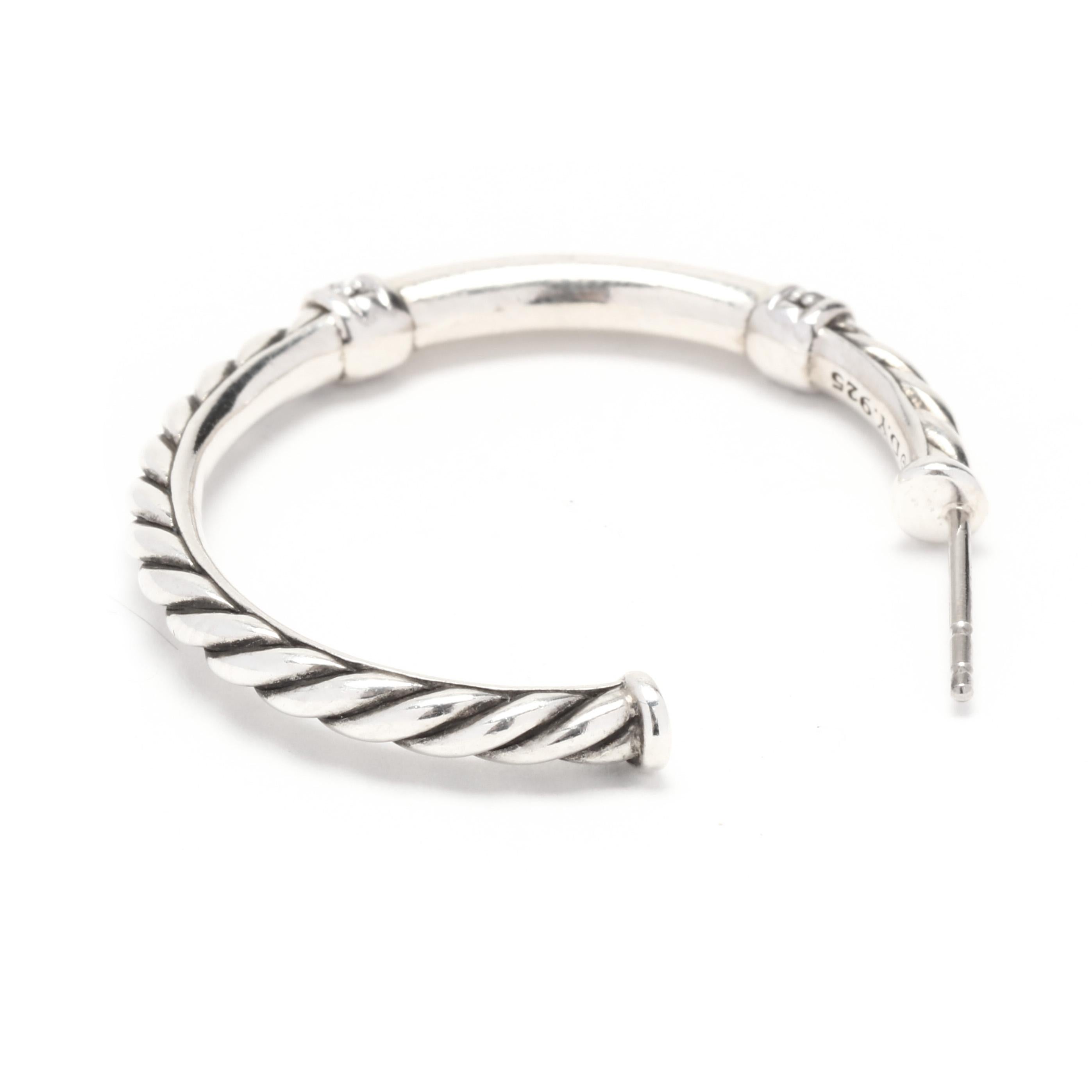 David Yurman .08ctw Diamond Metro Hoop Earrings, Sterling Silver In Good Condition In McLeansville, NC