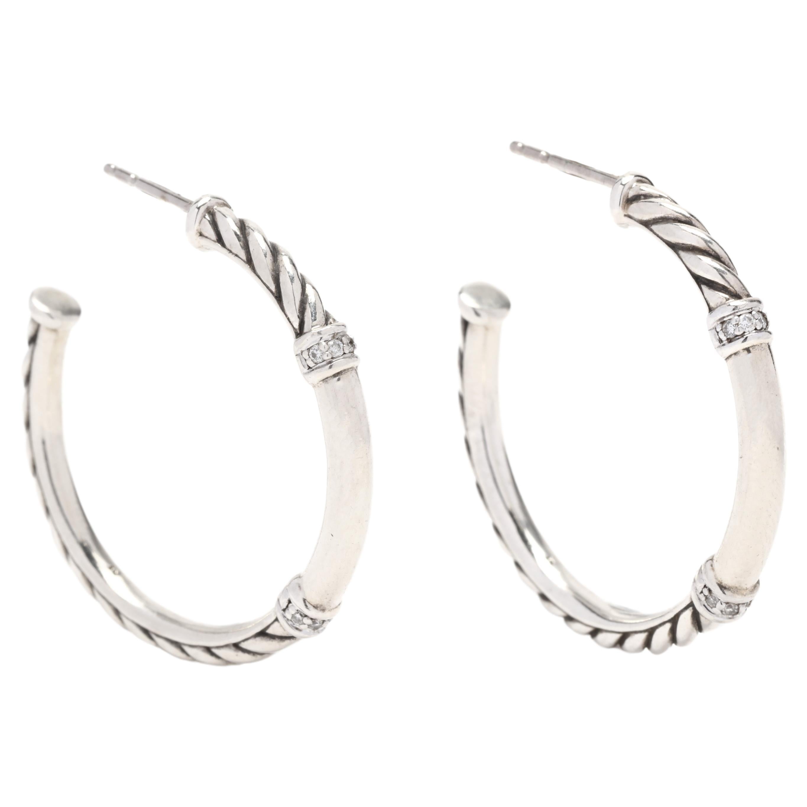 David Yurman .08ctw Diamond Metro Hoop Earrings, Sterling Silver For Sale  at 1stDibs