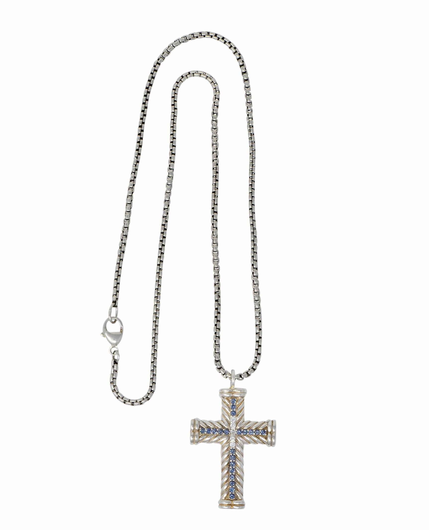 David Yurman 1.00 Carat Diamond Topaz Sterling Silver Cross Pendant Necklace In Excellent Condition In Philadelphia, PA