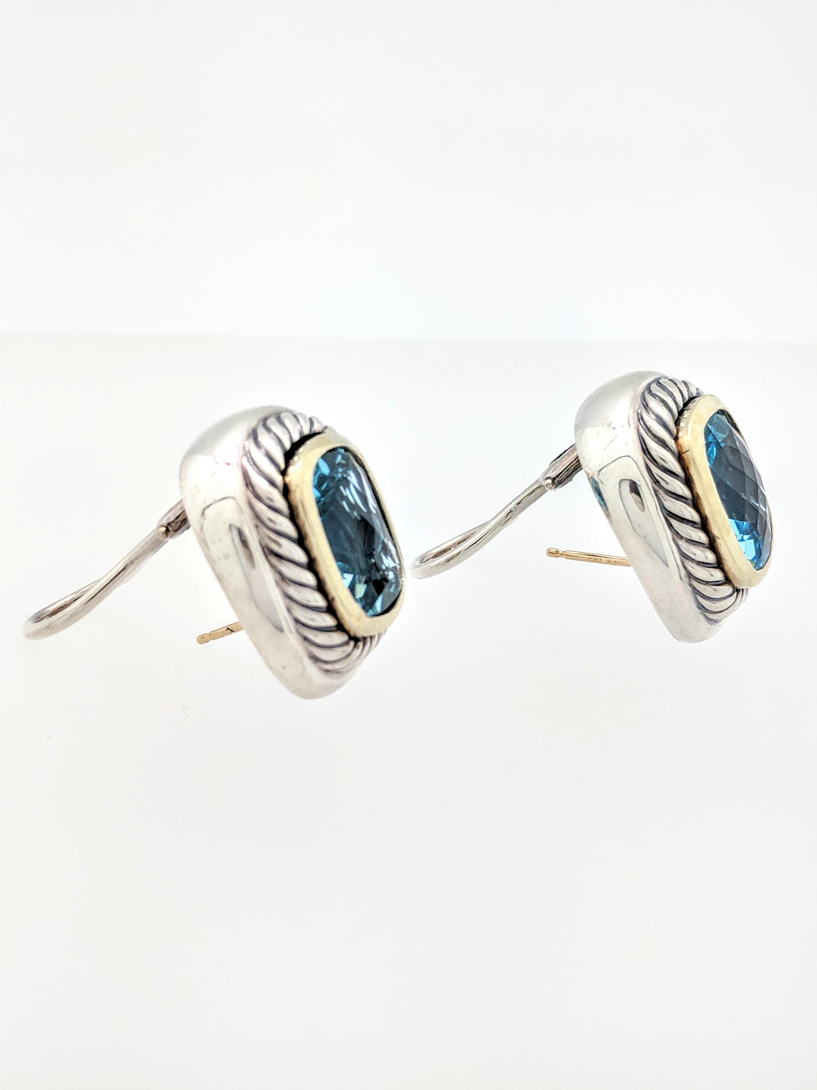Cushion Cut David Yurman 11mm Blue Topaz Albion Earrings 14 Karat Sterling Silver