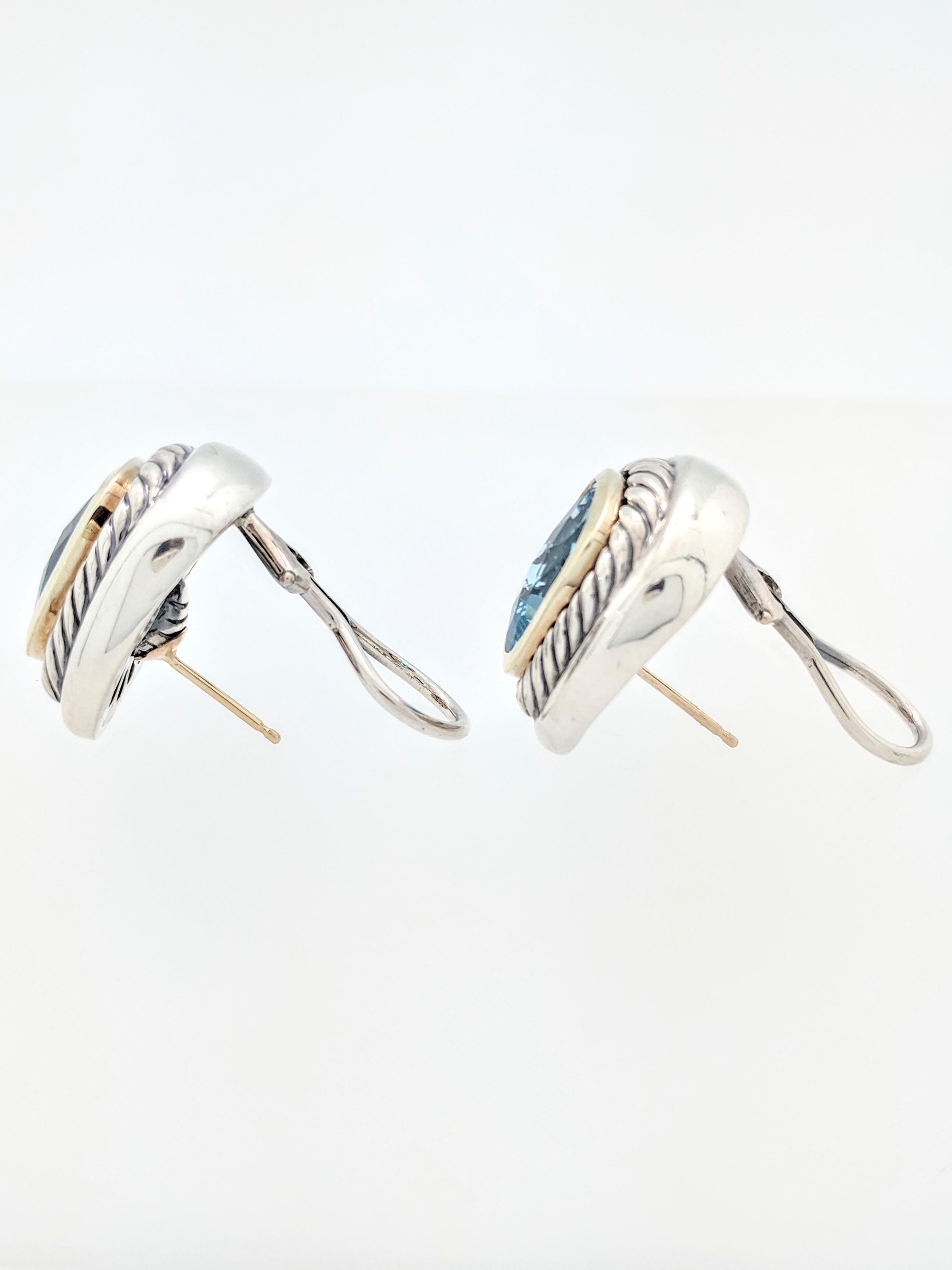 David Yurman 11mm Blue Topaz Albion Earrings 14 Karat Sterling Silver In Good Condition In Gainesville, FL