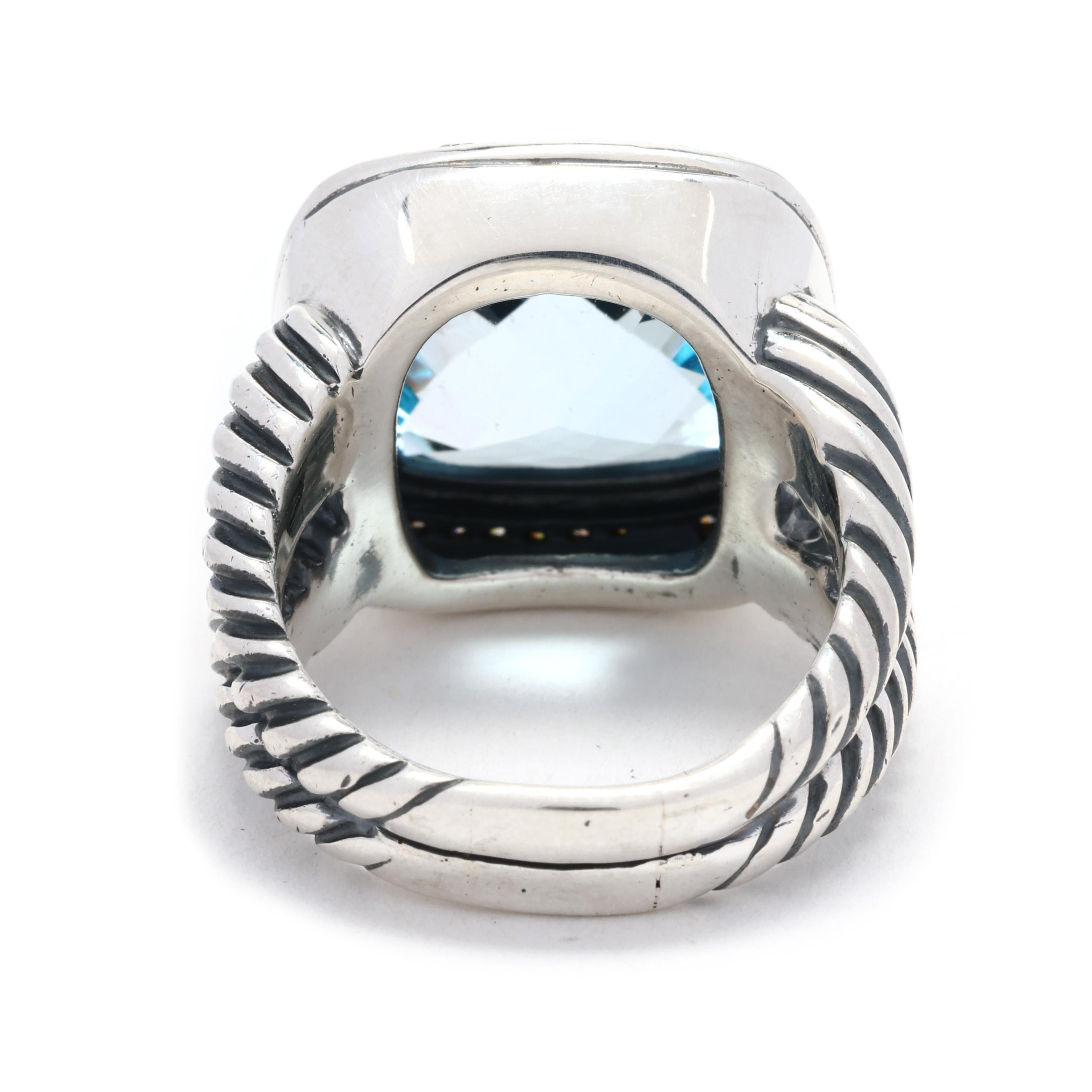 Taglio cuscino Anello David Yurman con topazio blu e diamanti da 13,85 carati, argento sterling e oro bianco 18 carati in vendita
