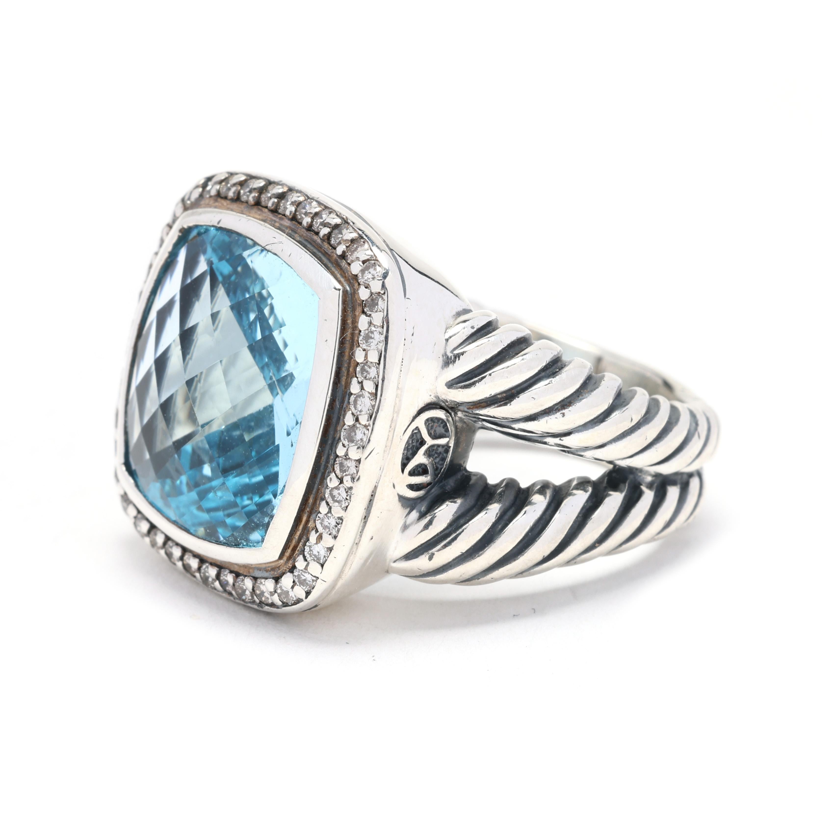 David Yurman 13.85ctw Blue Topaz and Diamond Ring, SterlingSilver 18k White Gold In Good Condition For Sale In McLeansville, NC