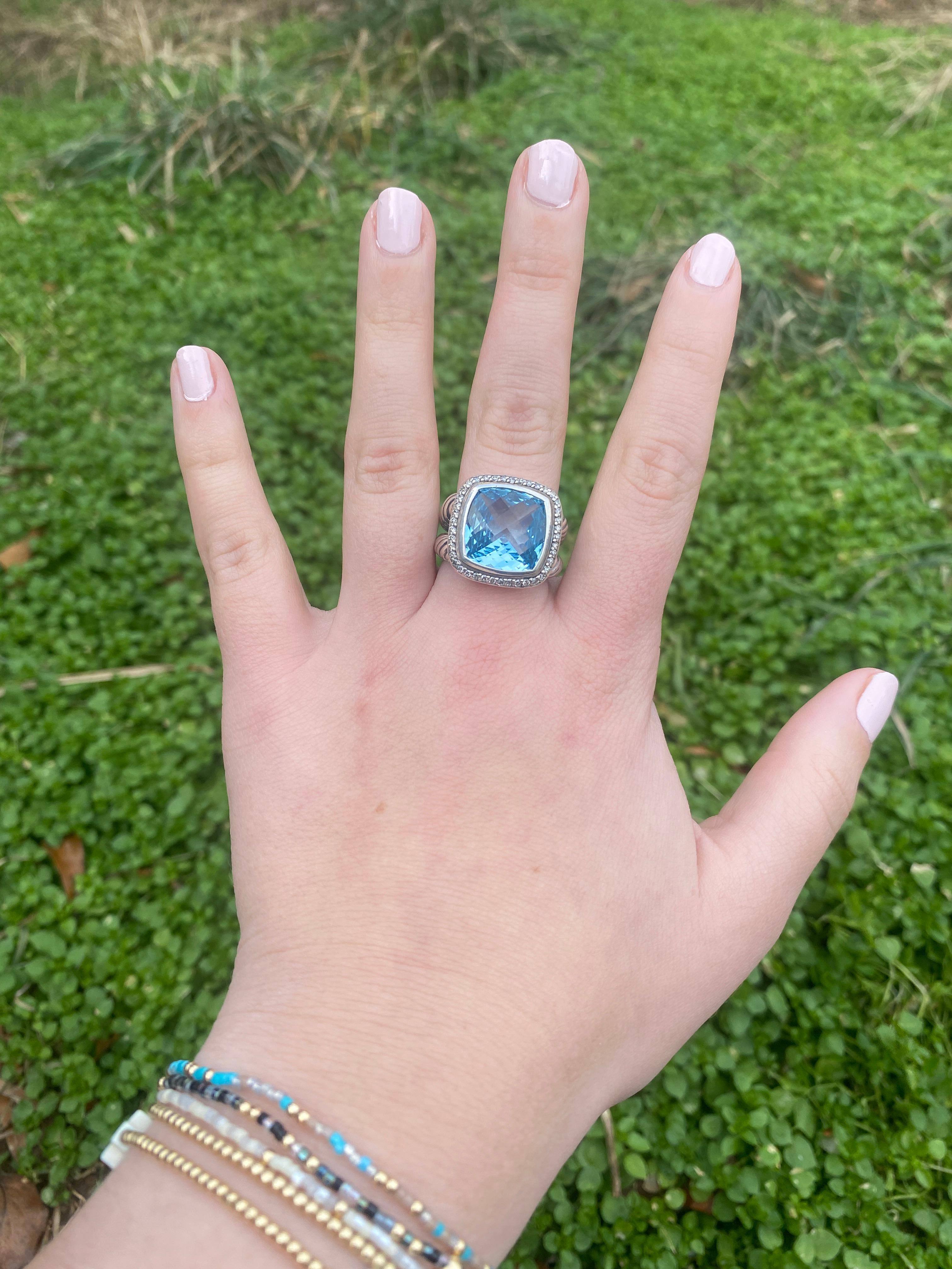 David Yurman 13.85ctw Blue Topaz and Diamond Ring, SterlingSilver 18k White Gold For Sale 2